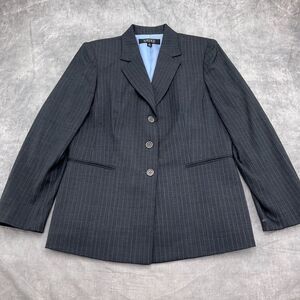 Kasper Blazer Women 12 Gray White Double Pinstripe Wool Classic Career Jacket‎